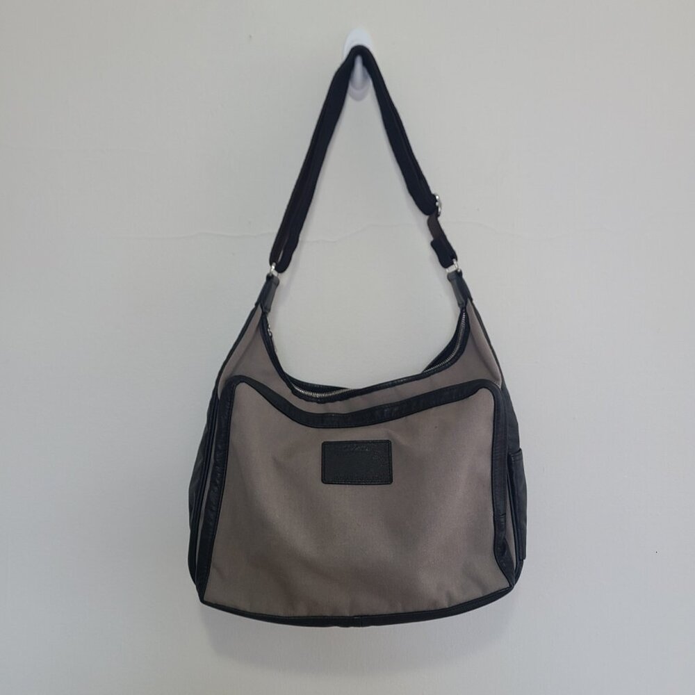 Longchamp Hobo Shoulder Bag Gray Canvas Black Leather